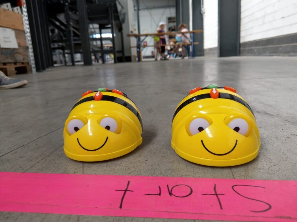 Zwei gelbe Roboter in Bienenform auf einem Startpunkt in einer Halle.