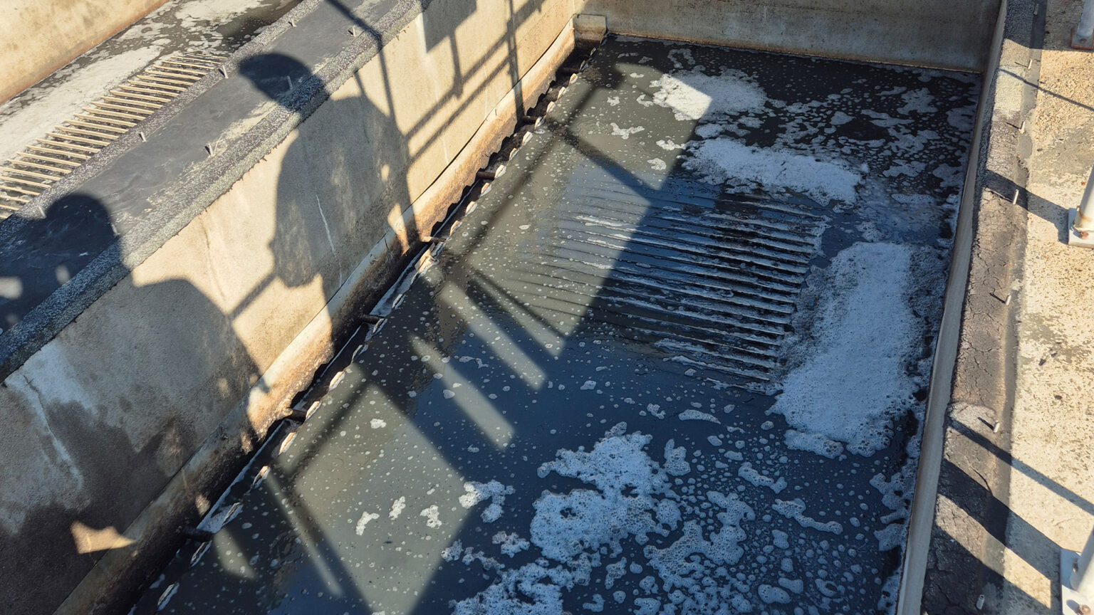 Becken mit Abwasser auf dem sich Flocken und Schaum mit den Verschmutzungen bildet.