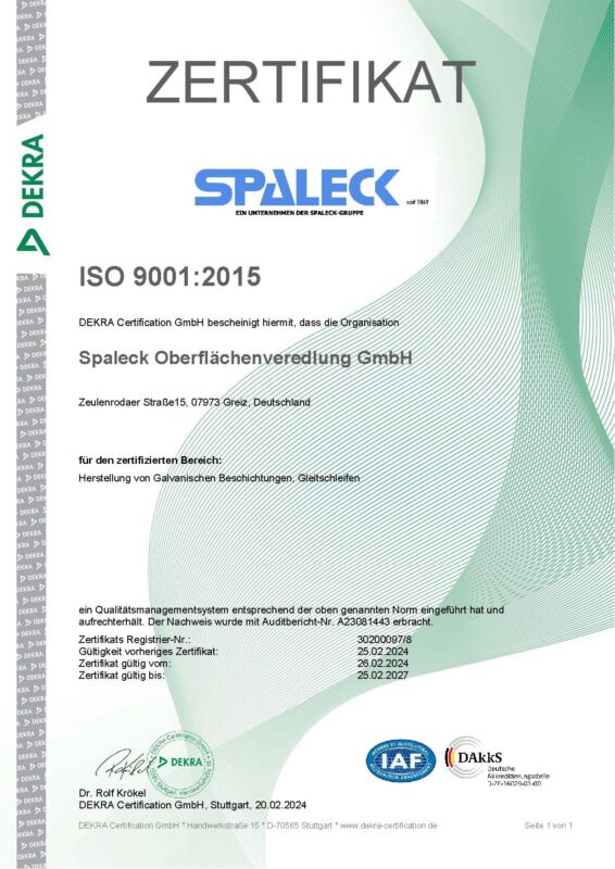 ISO 9001:2015 certificate for quality assurance at a surface finishing company.