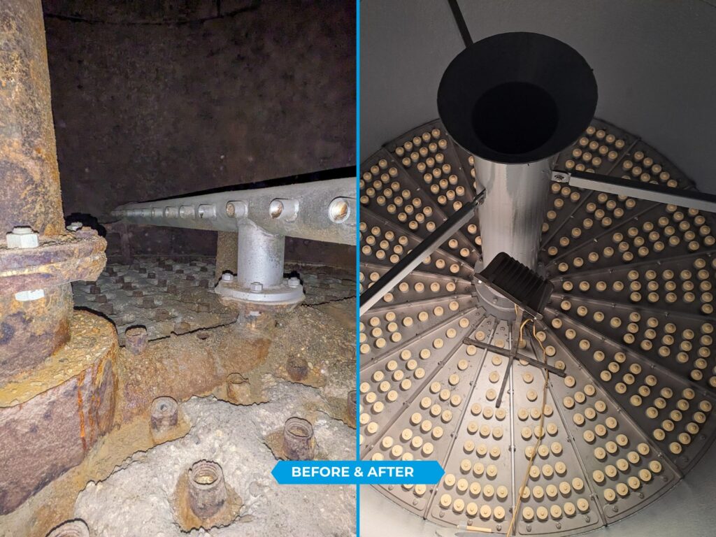 左側是一個陳舊且已堵塞的礫石過濾器,用於水處理。 右側為從上方俯瞰新濾網的視圖。
